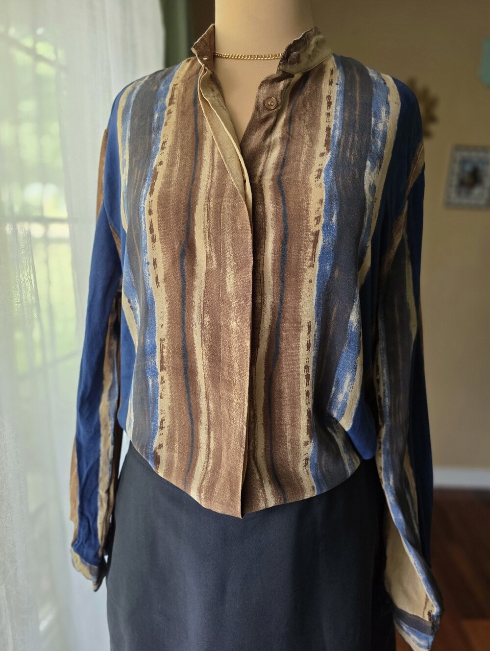 Vintage 100% Silk Abstract Print Blouse Brown Blue Draped Button Top Large Tess